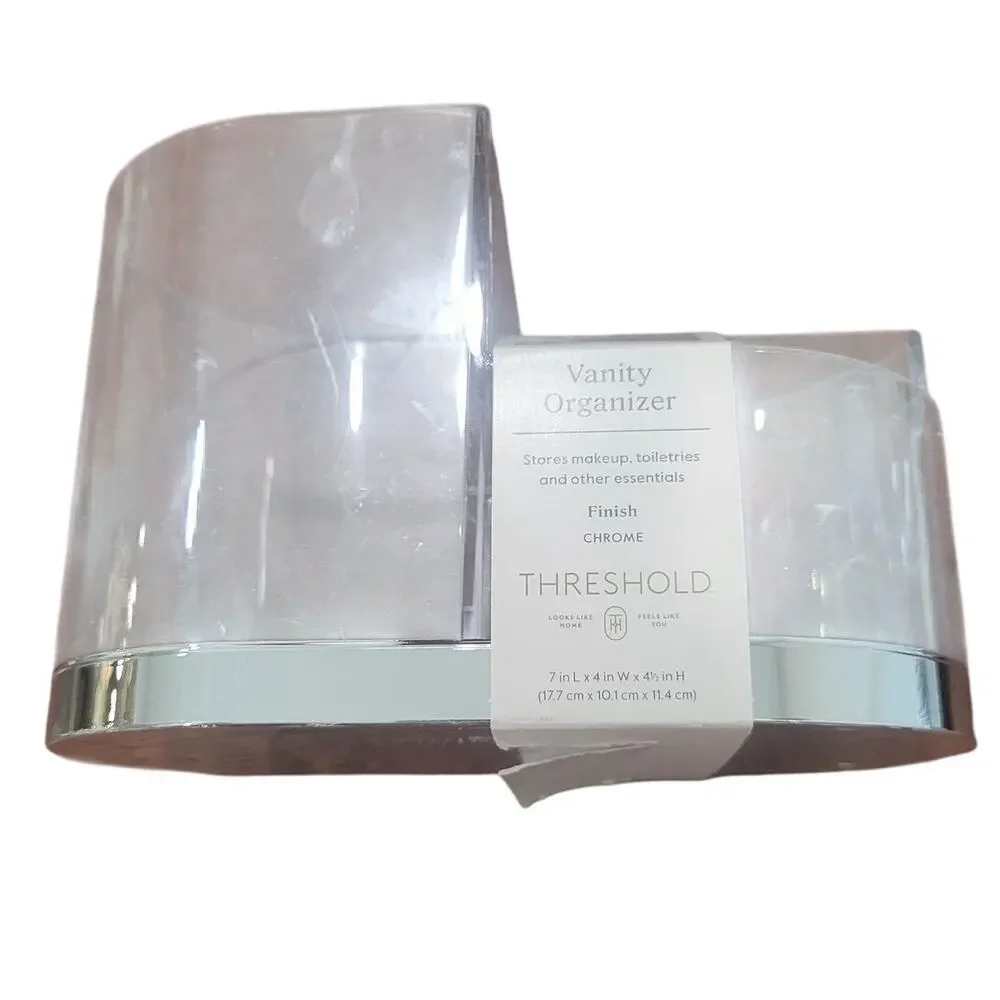 Accent Vanity Organizer – Silver Plastic Cosmetic Holder – 3 Compartments
